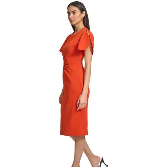 Calvin Klein Scuba Crepe Split Sleeve Sheath Dress in Clay(Red) Size 12 EUC - Picture 5 of 14